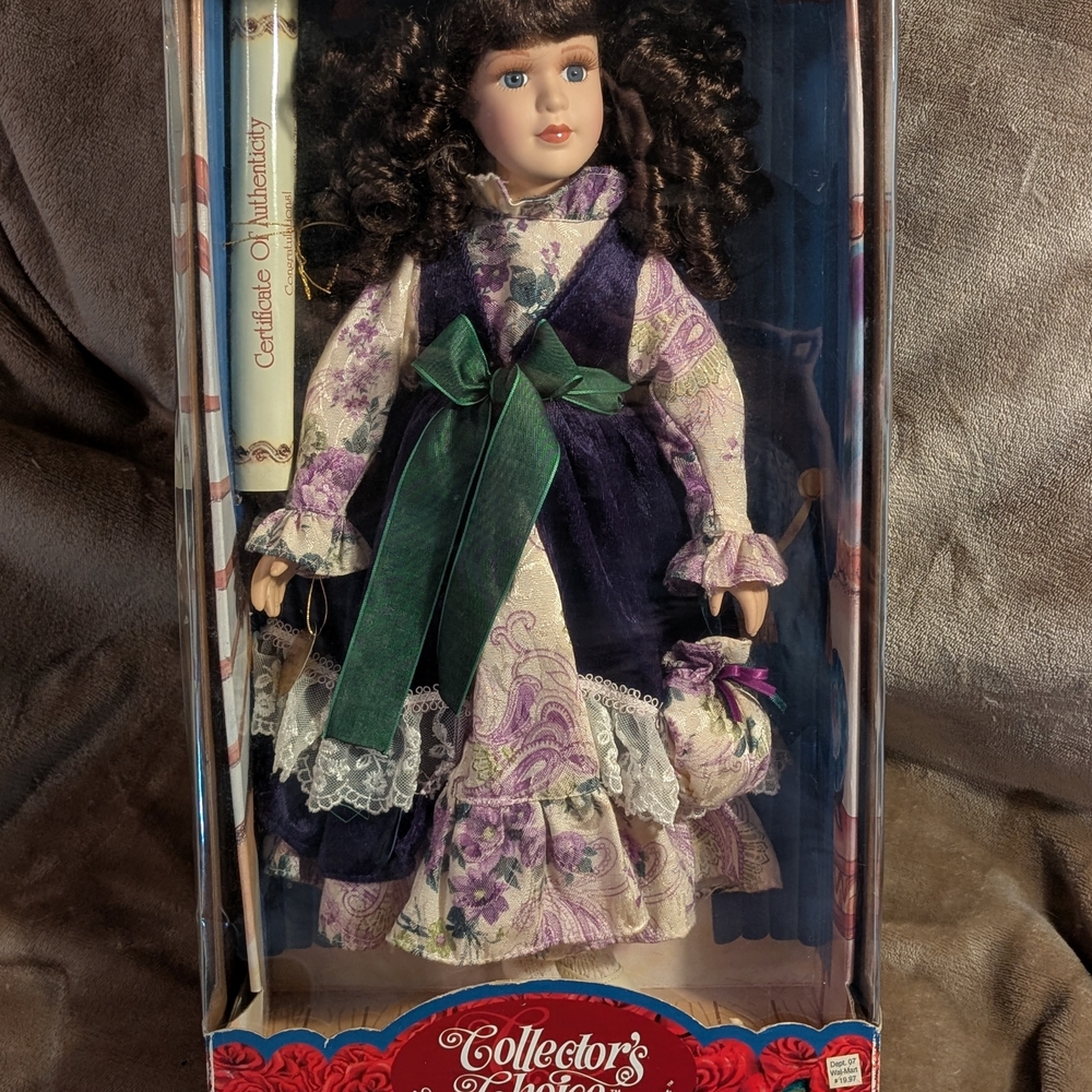 Collector's Style Porcelain Doll in Purple & Cream Dress with Green Bow